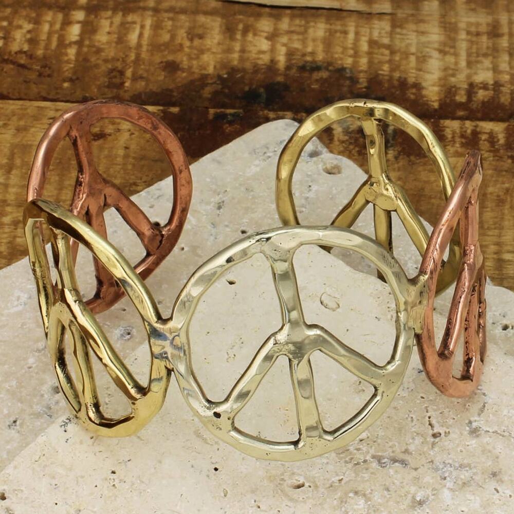 Mixed Metal Peace Sign Cuff Bracelet – Boho Hammered Vintage Style